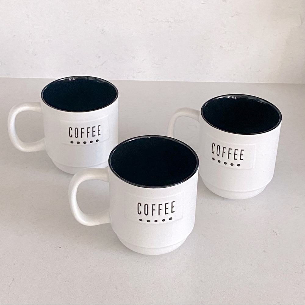 Set of 3 Stack-Able Coffee Cups Stoneware with Metal Rack 14 Ounces‎ White Mug